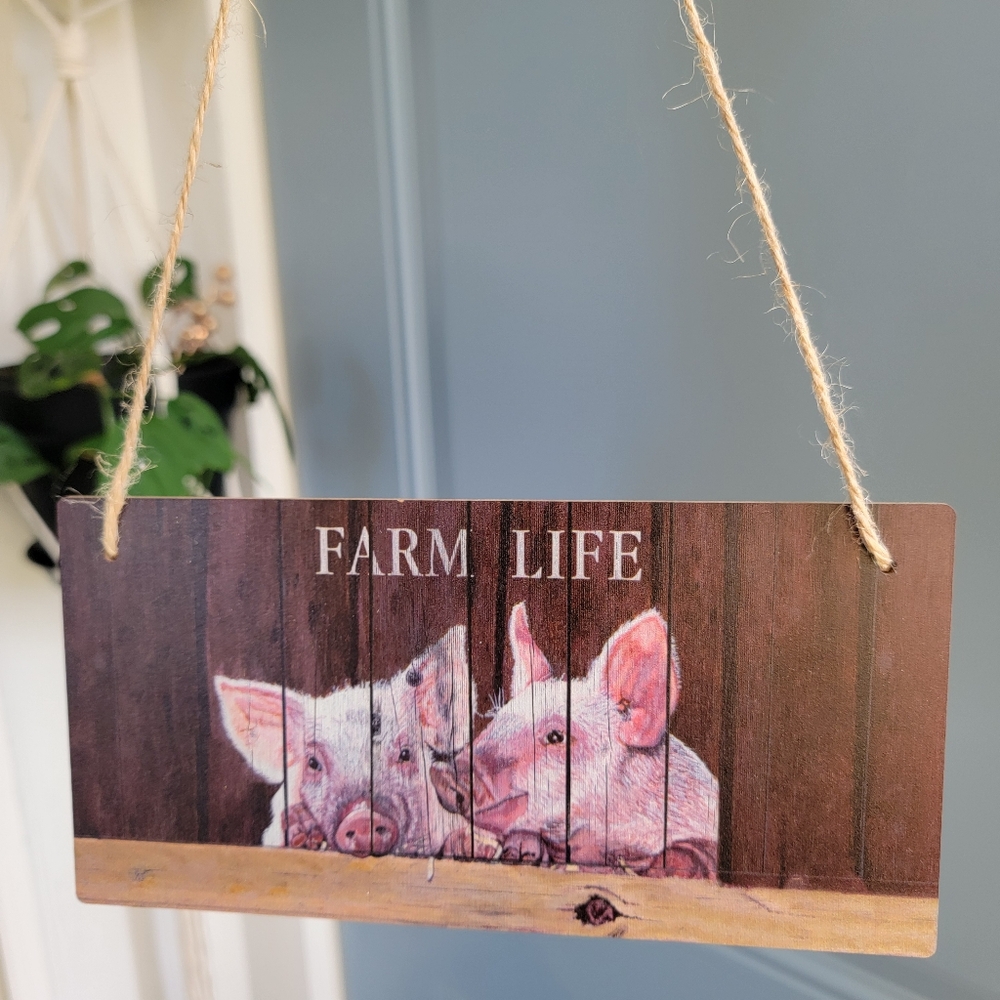 Firm✅️ Farm Life Brown and Pink Wall Sign Pig Decor